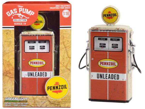 1954 Tokheim 350 Twin Gas Pump Pennzoil Unleaded Orange and Beige (Weathered) Vintage Gas Pumps Series 14 1/18 Diecast Replica by Greenlight