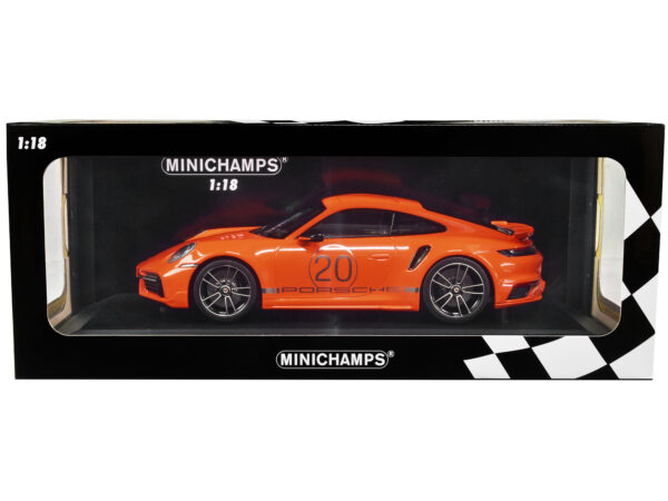 2021 Porsche 911 Turbo S with SportDesign Package #20 Orange with Silver Stripes Limited Edition to 504 pieces Worldwide 1/18 Diecast Model Car by Minichamps