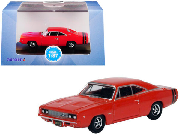 1968 Dodge Charger Bright Red with Black Stripes 1/87 (HO) Scale Diecast Model Car by Oxford Diecast