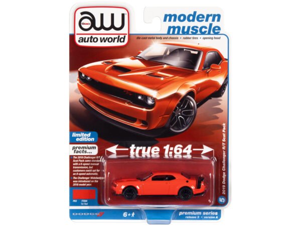 2019 Dodge Challenger R/T Scat Pack Tor Red with Black Tail Stripe "Modern Muscle" Limited Edition 1/64 Diecast Model Car by Auto World