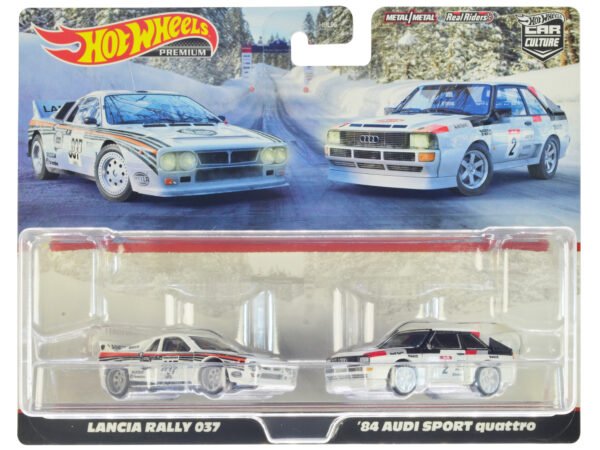 Lancia Rally 037 #037 White with Stripes and 1984 Audi Sport Quattro #2 White Car Culture Set of 2 Cars Diecast Model Cars by Hot Wheels