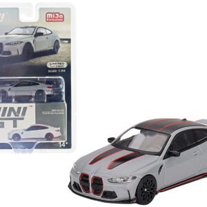 BMW M4 CSL Frozen Brooklyn Gray Metallic with Black Top and Red Stripes Limited Edition to 2400 pieces Worldwide 1/64 Diecast Model Car by True Scale Miniatures