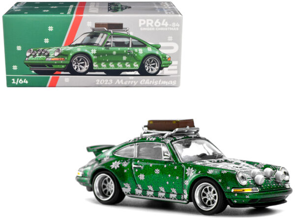 Singer 964 Green Metallic with Graphics "2023 Merry Christmas" with Luggage on Roof Rack 1/64 Diecast Model Car by Pop Race
