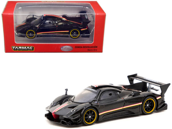 Pagani Zonda Revolucion Nero Oro Black Metallic with Stripes Global64 Series 1/64 Diecast Model Car by Tarmac Works