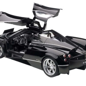 Pagani Huayra Gloss Black with Silver Stripes and Silver Wheels 1/12 Model Car by Autoart