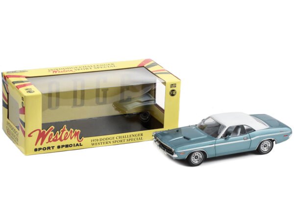 1970 Dodge Challenger "Western Sport Special" Light Blue Metallic with White Vinyl Top and White Interior 1/18 Diecast Model Car by Greenlight