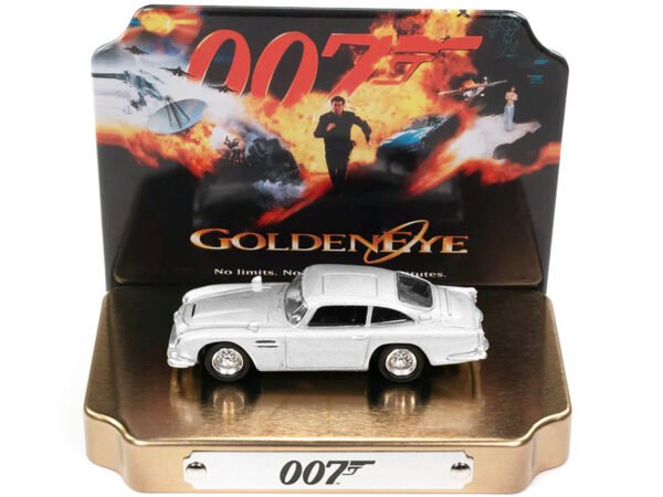 Aston Martin DB5 RHD (Right Hand Drive) Silver Metallic 007 (James Bond) GoldenEye (1995) Movie with Collectible Tin Display Silver Screen Machines Series 1/64 Diecast Model Car by Johnny Lightning