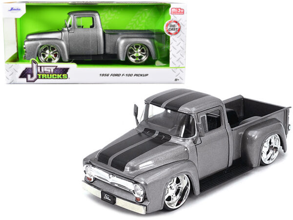 1956 Ford F-100 Pickup Truck Gray Metallic with Black Stripes Just Trucks Series 1/24 Diecast Model Car by Jada