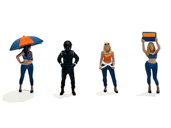 Grid Girls 5 piece Diecast Figure Set (4 People Figures 1 Umbrella) Limited Edition to 3600 pieces Worldwide for 1/64 Scale Models by American Diorama