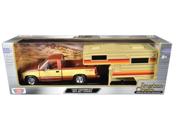 1992 Chevrolet 454 SS Pickup Truck Copper Metallic with Beige Sides with Camper Shell American Classics Series 1/24 Diecast Model Car by Motormax