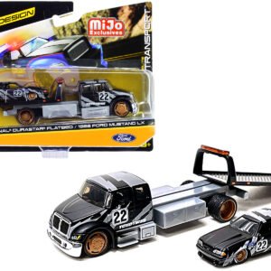 International DuraStar Flatbed Truck #22 and 1988 Ford Mustang LX #22 Matt Black with Gray Graphics "Toyo Tires" "Elite Transport" Series 1/64 Diecast Models by Maisto
