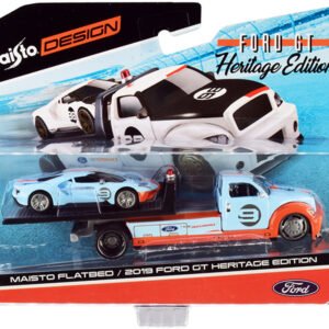 2019 Ford GT #9 Heritage Edition with Flatbed Truck Light Blue and Orange "Elite Transport" Series 1/64 Diecast Model Cars by Maisto