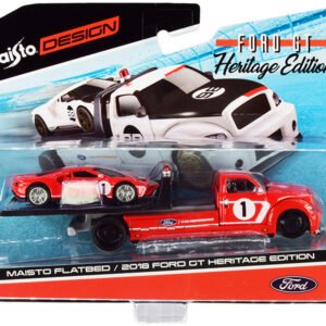2018 Ford GT #1 Heritage Edition with Flatbed Truck Red with White Stripes "Elite Transport" Series 1/64 Diecast Model Cars by Maisto
