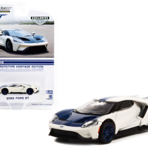 2022 Ford GT "1964 Prototype Heritage Edition" White Metallic with Blue Hood and Stripe "Hobby Exclusive" Series 1/64 Diecast Model Car by Greenlight