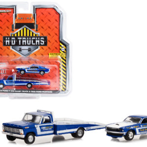 1969 Ford F-350 Ramp Truck Blue "The Going Thing" and 1969 Ford Mustang Blue "Hubert Platt's Georgia Shaker" "Ford Drag Team" "Heavy Duty H.D. Trucks" Series 24 1/64 Diecast Model Car by Greenlight