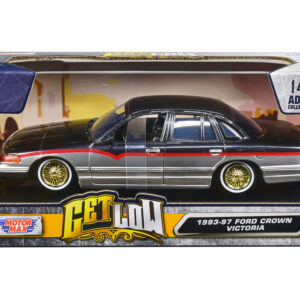 1993-1997 Ford Crown Victoria Lowrider Black Metallic and Silver with Red Stripes "Get Low" Series 1/24 Diecast Model Car by Motormax