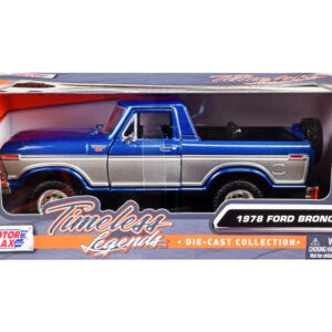 1978 Ford Bronco Ranger XLT (Open Top) with Spare Tire Blue Metallic and Silver "Timeless Legends" Series 1/24 Diecast Model Car by Motormax
