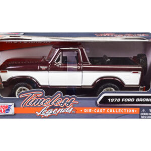 1978 Ford Bronco Ranger XLT (Open Top) with Spare Tire Burgundy Metallic and White "Timeless Legends" Series 1/24 Diecast Model Car by Motormax
