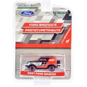 2021 Ford Bronco "Ford Performance Ford Bronco R Prototype Tribute" Edition Black and Orange with Graphics and Roof Rack "Hobby Exclusive" Series 1/64 Diecast Model Car by Greenlight