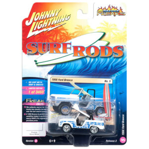 1966 Ford Bronco with Surf Board White and Blue Designs "Street Freaks" Limited Edition to 3460 pieces Worldwide 1/64 Diecast Model Car by Johnny Lightning