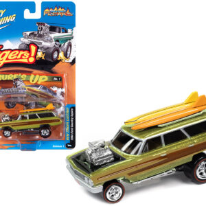 1964 Ford Country Squire Surfin' Lime Metallic with Woodgrain Panels and Surfboard on Roof "Zingers!" Limited Edition to 4788 pieces Worldwide "Street Freaks" Series 1/64 Diecast Model Car by Johnny Lightning