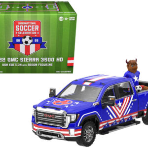 2022 GMC Sierra 3500 HD Pickup Truck Blue with American Soccer Graphics with Bison Figure International Soccer Celebration '26 Series 1/64 Diecast Model Car by Greenlight