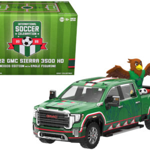 2022 GMC Sierra 3500 HD Pickup Truck Green with Mexican Soccer Graphics with Eagle Figure International Soccer Celebration '26 Series 1/64 Diecast Model Car by Greenlight