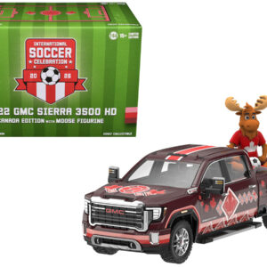 2022 GMC Sierra 3500 HD Pickup Truck Dark Red with Canadian Soccer Graphics with Moose Figure International Soccer Celebration '26 Series 1/64 Diecast Model Car by Greenlight