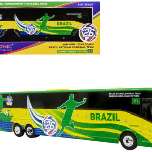Van Hool CX45 Coach Bus Brazil National Football Team Yellow and Green with Graphics International Federation of the Global Game Series Limited Edition to 504 pieces Worldwide 1/87 (HO) Diecast Model by Iconic Replicas