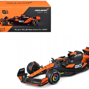 McLaren MCL38 #81 Oscar Piastri OKX Formula One F1 Miami GP (2024) with Display Case 1/24 Diecast Model Car by Bburago