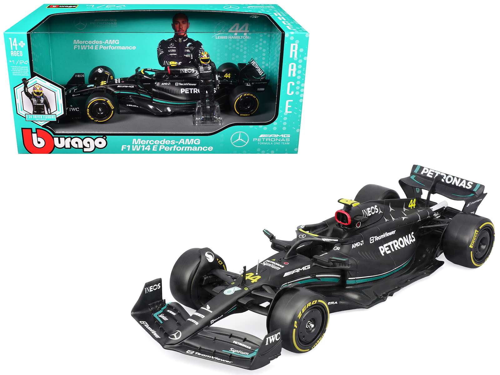 Mercedes-AMG F1 W14 E Performance #44 Lewis Hamilton Petronas Formula One F1 World Championship (2023) with Driver Figure Race Series 1/24 Diecast Model Car by Bburago