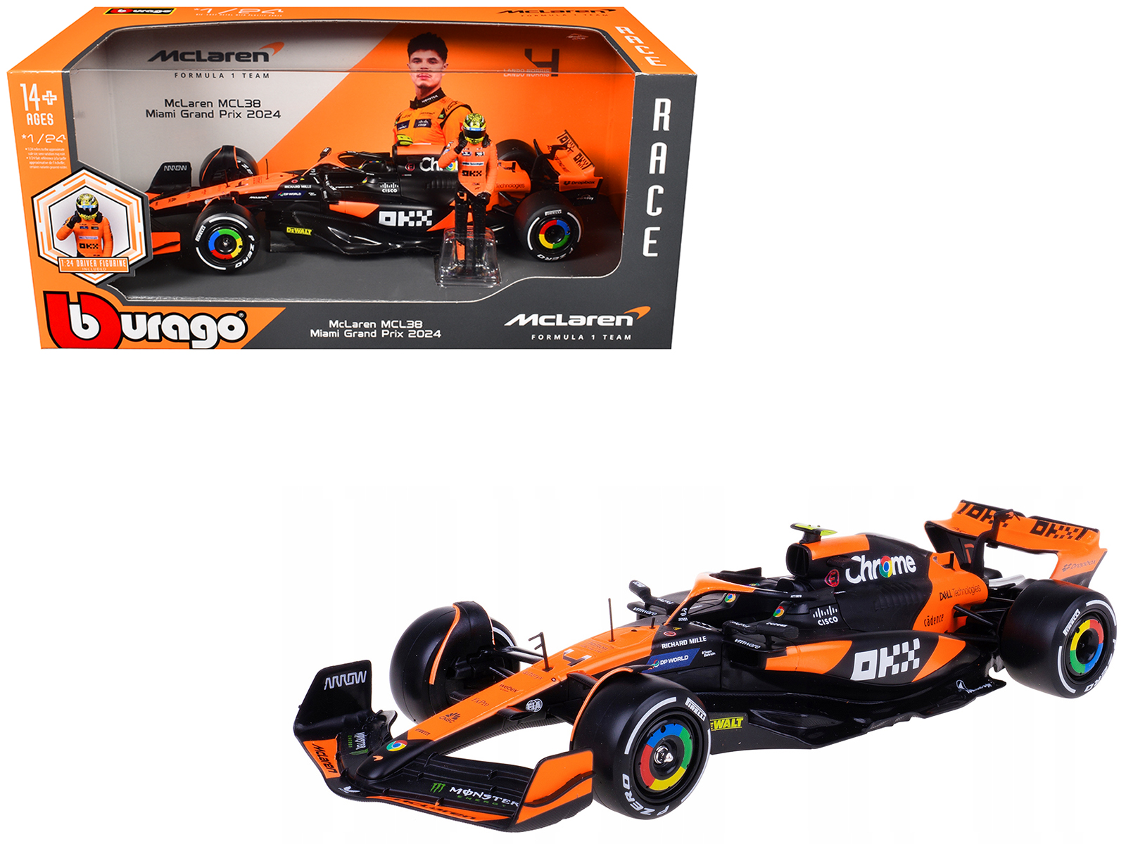 McLaren MCL38 #4 Lando Norris OKX Winner Formula One F1 Miami GP (2024) with Driver Figure Race Series 1/24 Diecast Model Car by Bburago