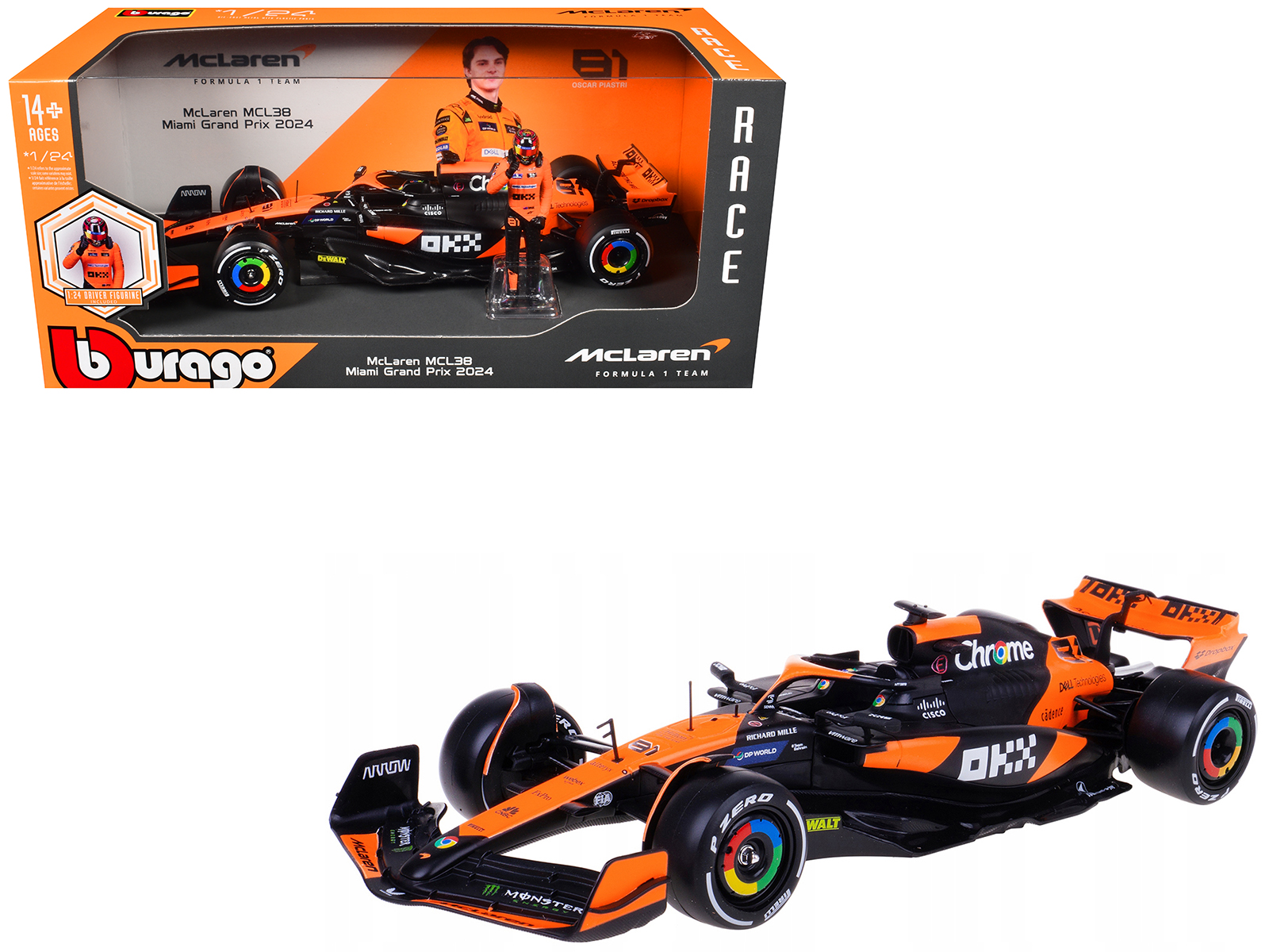 McLaren MCL38 #81 Oscar Piastri OKX Formula One F1 Miami GP (2024) with Driver Figure Race Series 1/24 Diecast Model Car by Bburago